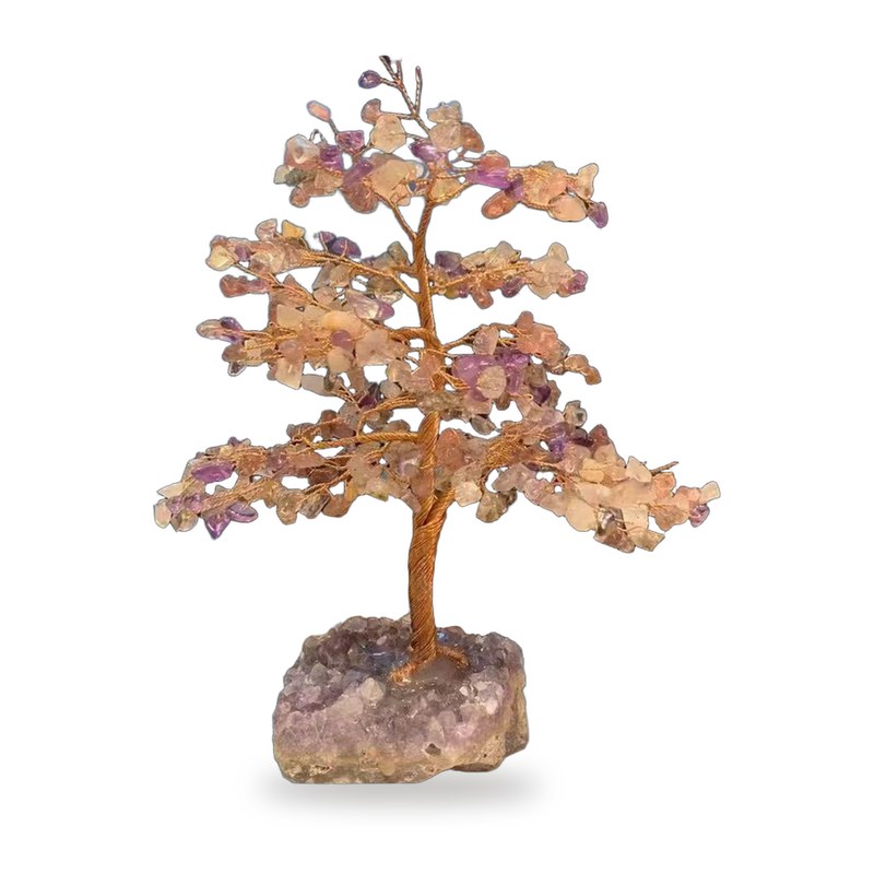 Awakened Spirit Tree: Super Seven chips on copper branches with an amethyst cluster base, on white