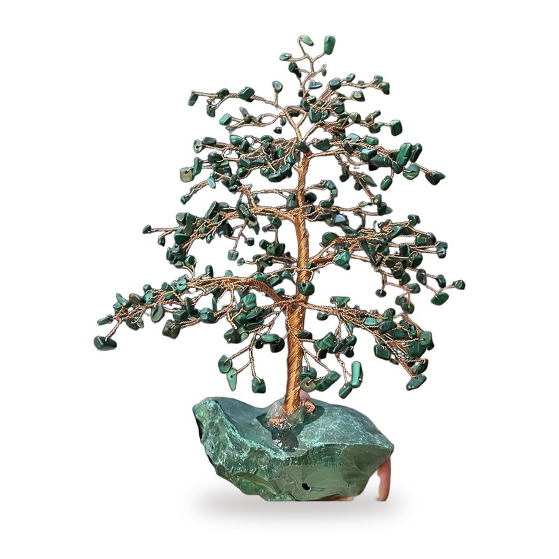 Green Renewal Tree: malachite chips on copper branches with a raw malachite base, on white