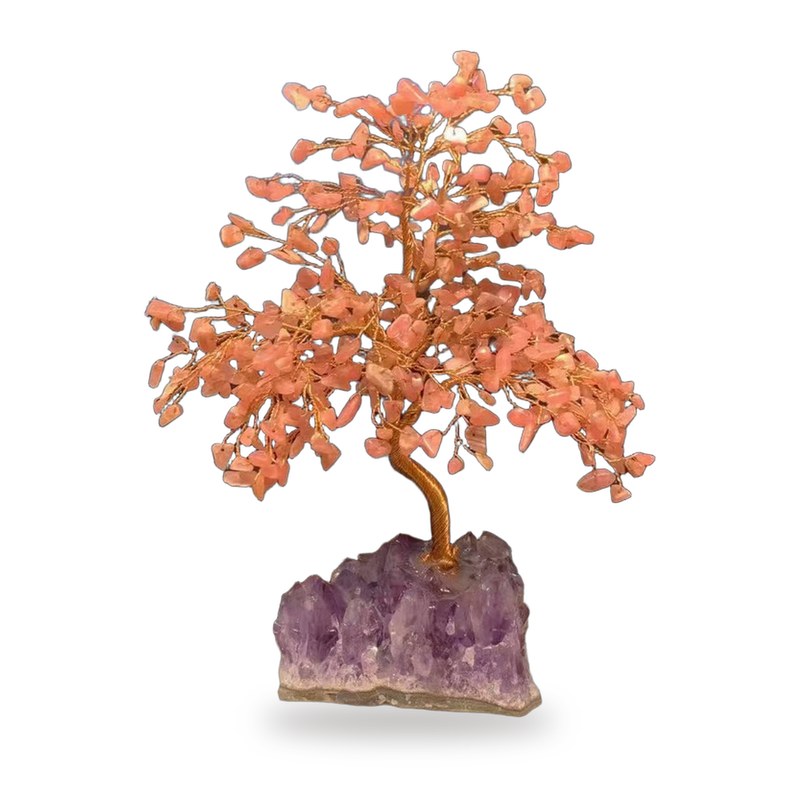 Heart Healing Tree: rhodochrosite chips on copper branches with an amethyst cluster base, on white