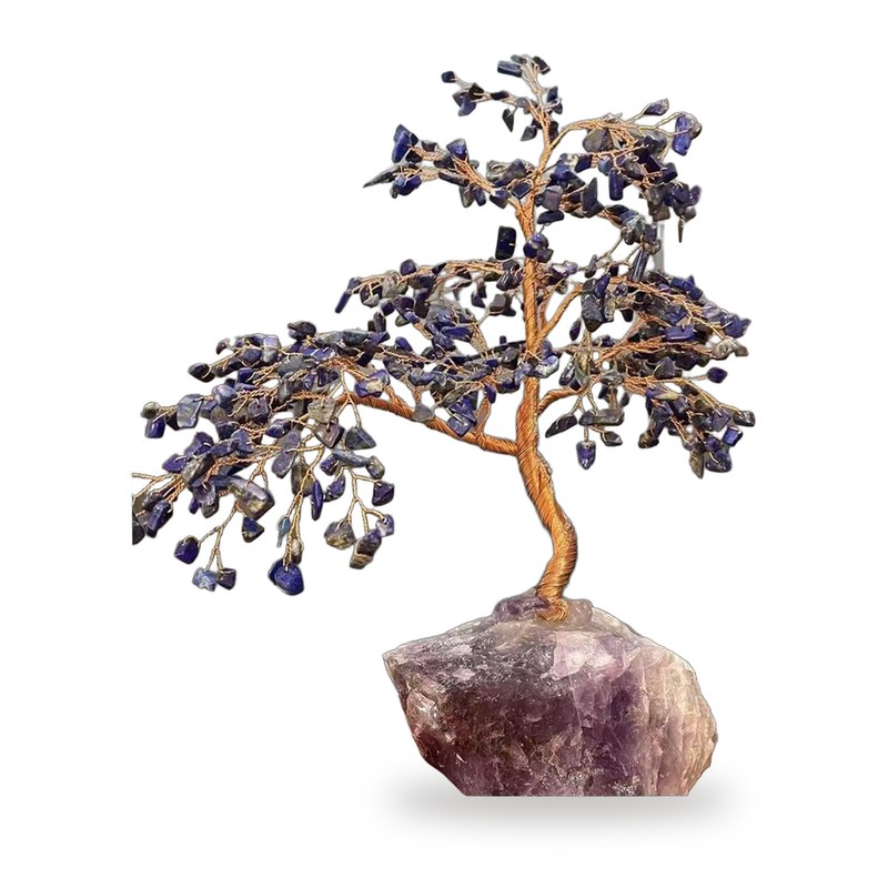Inner Wisdom Tree: lapis lazuli chips on copper branches with a purple fluorite base, on white