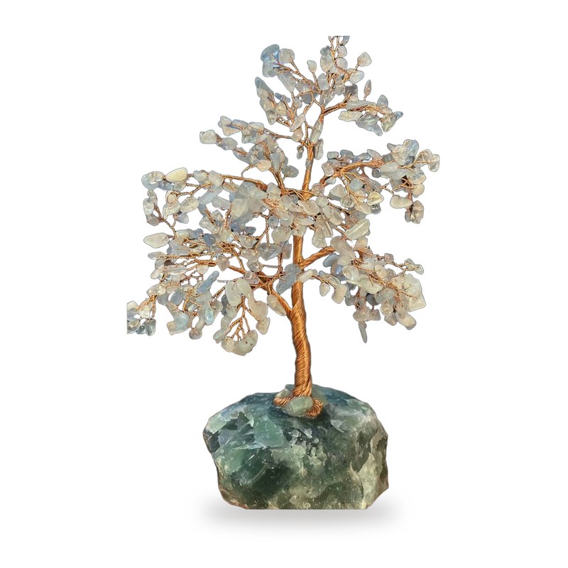 Ocean Clarity Tree: aquamarine chips on copper branches with a green fluorite base, on white