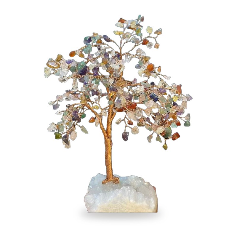 Rainbow Harmony Tree: multicolor gemstone chips on copper branches with a clear quartz base, on white
