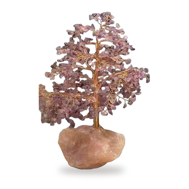 Serene Mind Tree: amethyst chips on copper branches with a raw stone base, on white