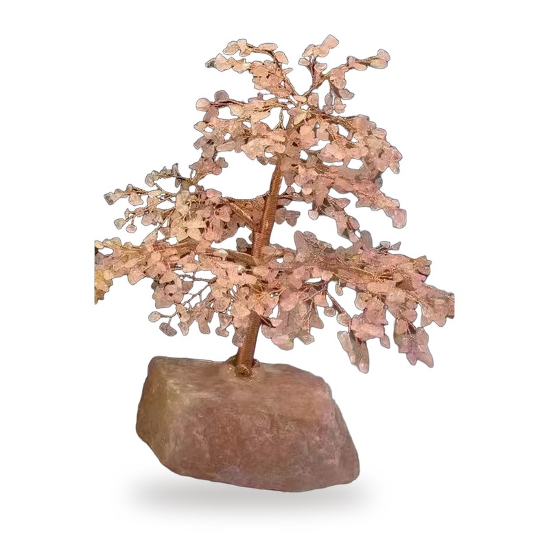 Tender Love Tree: rose quartz chips on copper branches with a raw stone base, on white